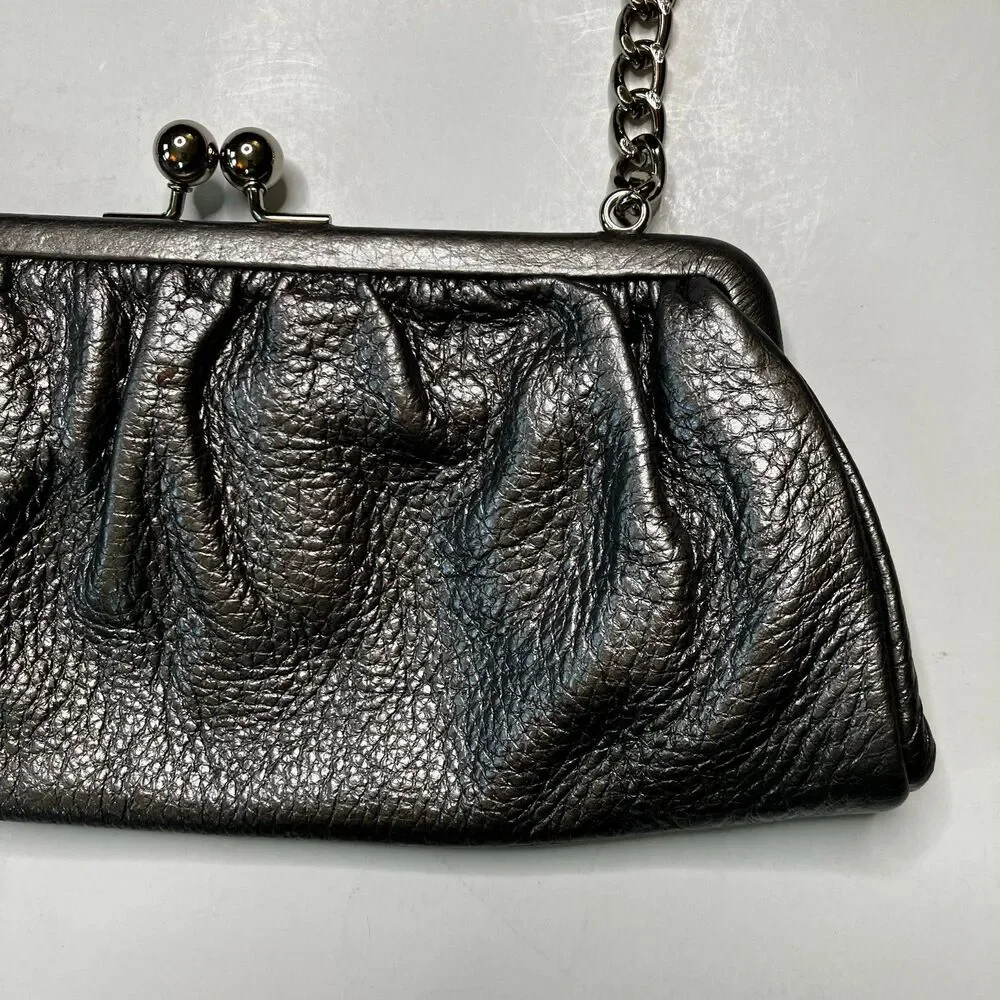 Talbot's Metallic Silver Gray Leather Clutch Evening Purse With Shoulder Strap